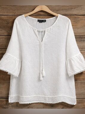 Tahari Linen Tassel Cover-Up White 2X | Beachy Resort Chic Bride Summer Classic